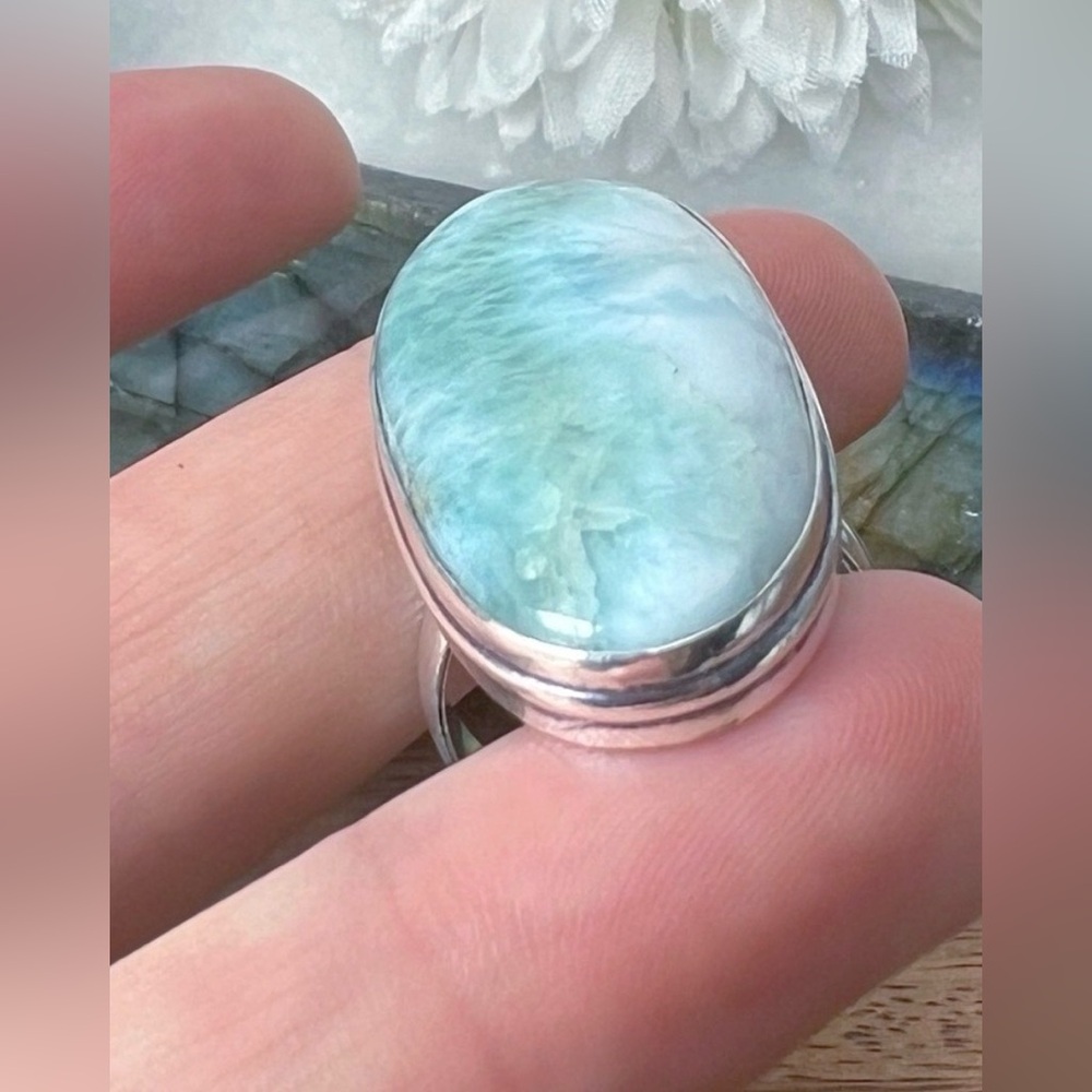 Chunky Long Larimar Ring Size 7.5 Vintage Style 925 Sterling Silver Handmade New - Picture 3 of 6
